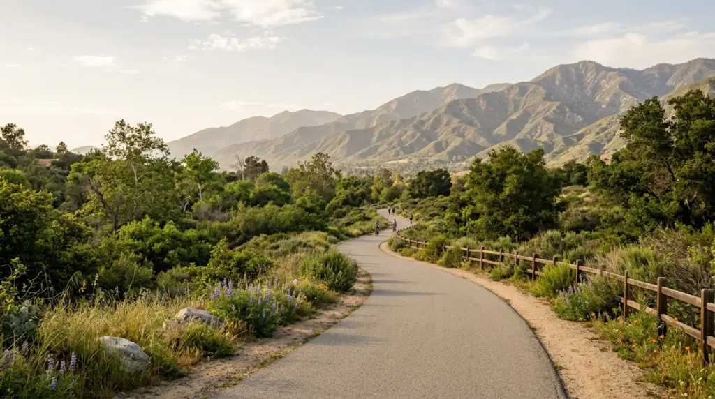 A view of the Pacific Electric Trail winding through a green landscape with distant foothills under a hazy afternoon sun.
