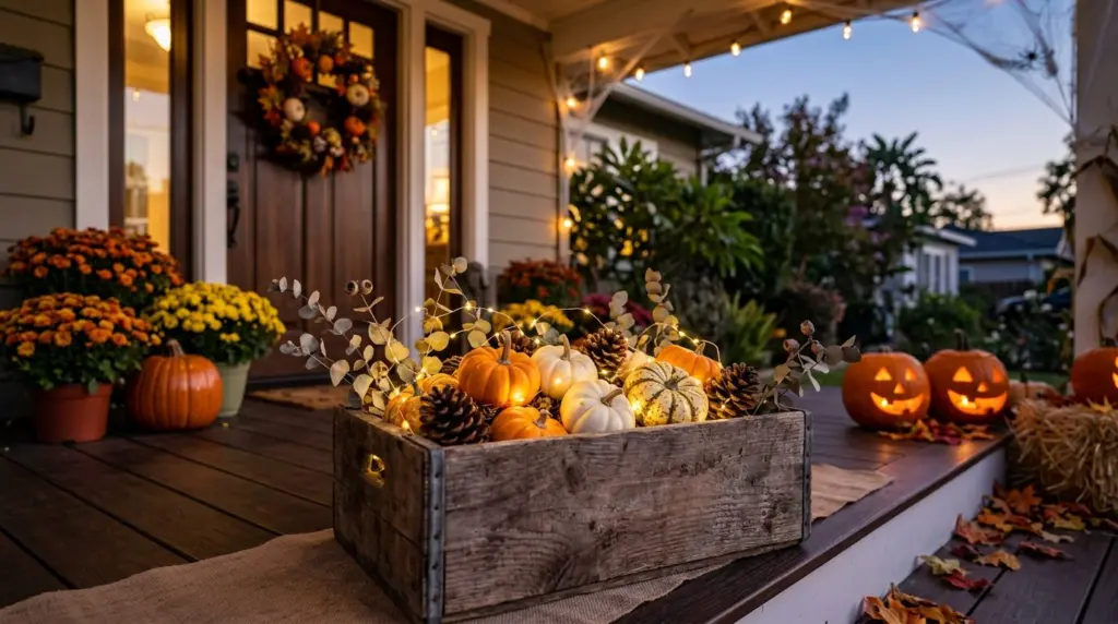 A close-up shot of a rustic wooden crate on a West Covina porch, filled with small decorative pumpkins, pinecones, and a few sprigs of dried eucalyptus, illuminated by soft, warm-white fairy lights.
