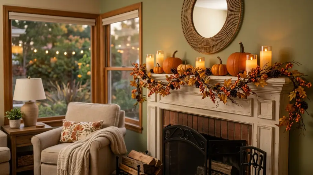 A West Covina living room interior, showing a mantelpiece adorned with a simple harvest garland, a few uncarved pumpkins, and flickering flameless candles, creating a cozy atmosphere.