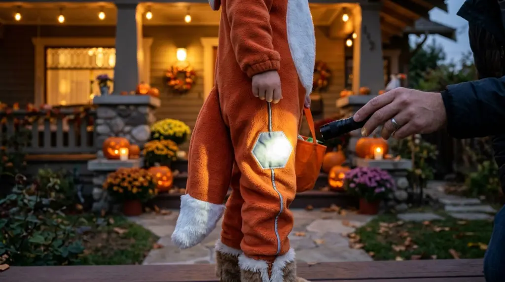 A close-up of a child's reflective costume element on a friendly, non-scary costume, illuminated by a flashlight held by an adult hand in the background.