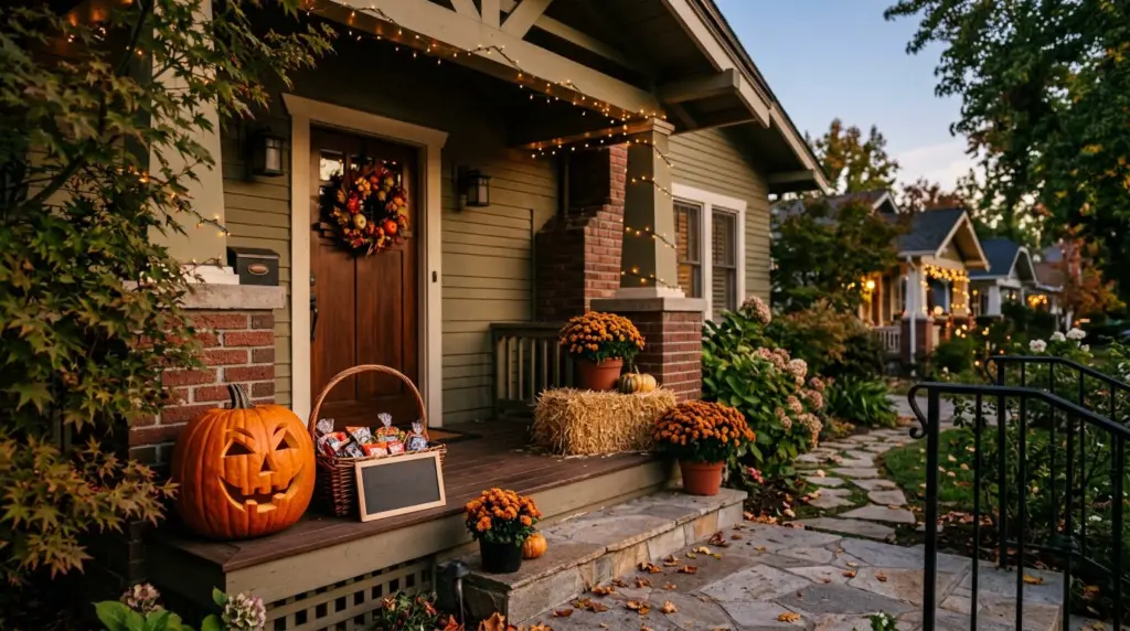 A warm scene on a home's porch with a decorative, unlit jack-o'-lantern and a basket of treats, while the porch light is clearly off, signaling a respectful approach to homes not participating.