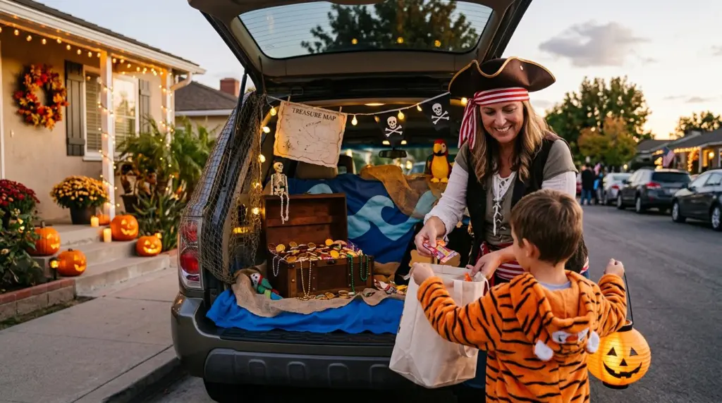A close-up of a creatively decorated car trunk, featuring a friendly pirate theme with fabric waves, a treasure chest, and a costumed adult handing out candy to a child's outstretched bag.