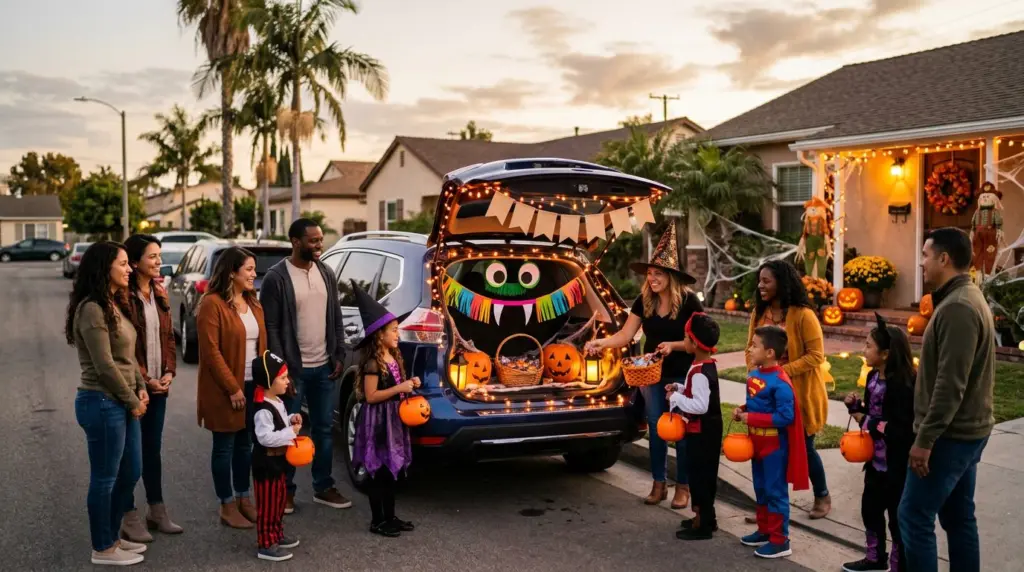 A group of diverse families in casual Halloween costumes gathering around a brightly lit, friendly monster-themed trunk in a residential street setting, under the warm glow of Southern California evening light.