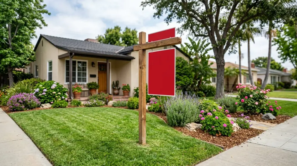 A close-up of a 'Sold' sign planted firmly in a well-maintained front yard of a single-family home in Chino, with a neatly trimmed lawn and vibrant landscaping.