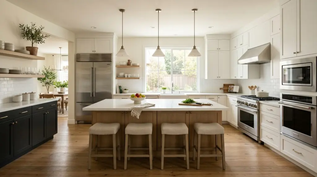 A interior shot of a modern kitchen in a Chino home, featuring clean lines, stainless steel appliances, and a large island, with natural light streaming through a window.