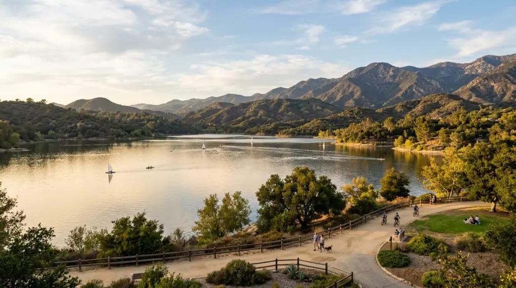 A panoramic view of Puddingstone Lake at Frank G. Bonelli Regional Park, with the foothills rising in the background under a warm afternoon glow.