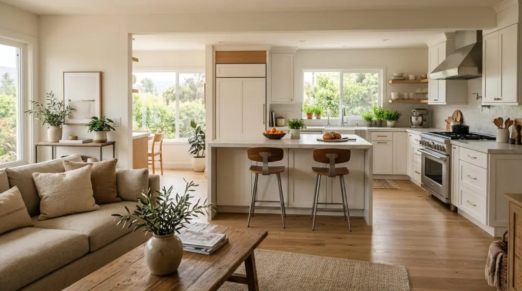 The sunlit kitchen of a San Dimas home, featuring a spacious island and modern appliances, seen through an open-concept living area.