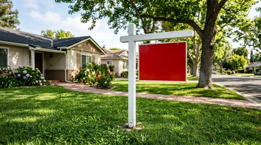 A close-up of a 'Sold' sign planted firmly in a well-maintained front yard lawn in a tree-lined Rancho Cucamonga neighborhood.