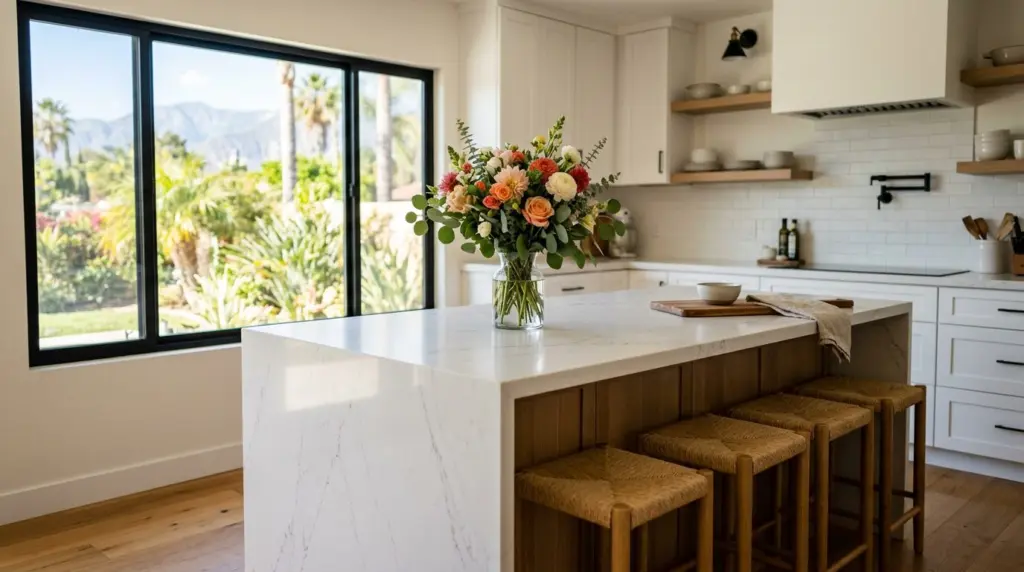 An interior shot of a modern kitchen island with light streaming in from a large window, a fresh bouquet of flowers sits in the center.