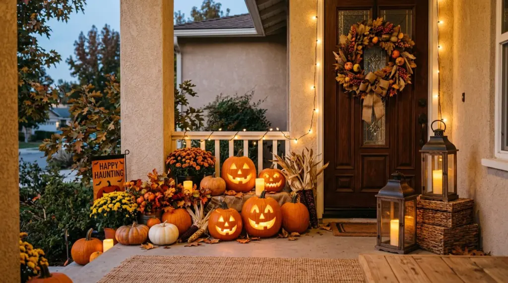 A close-up shot of a well-arranged Halloween vignette on a stucco porch, featuring carved pumpkins, rustic lanterns with battery-operated candles, and a decorative wreath on a front door, all bathed in a warm, ambient glow.