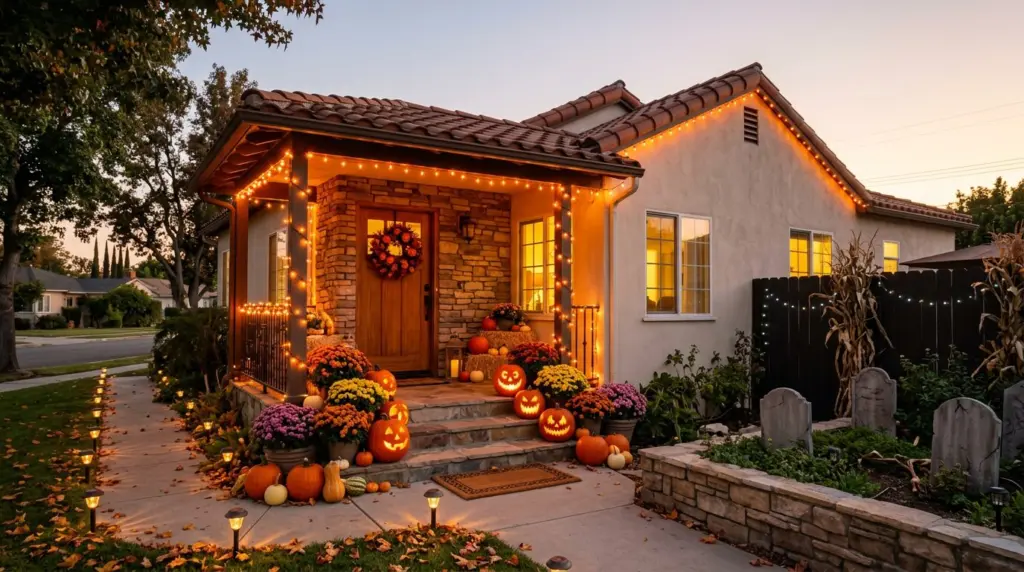 A person carefully attaching a string of orange and purple LED lights along the eaves of a tile-roofed Upland home, with a clear blue Southern California sky visible in the background.