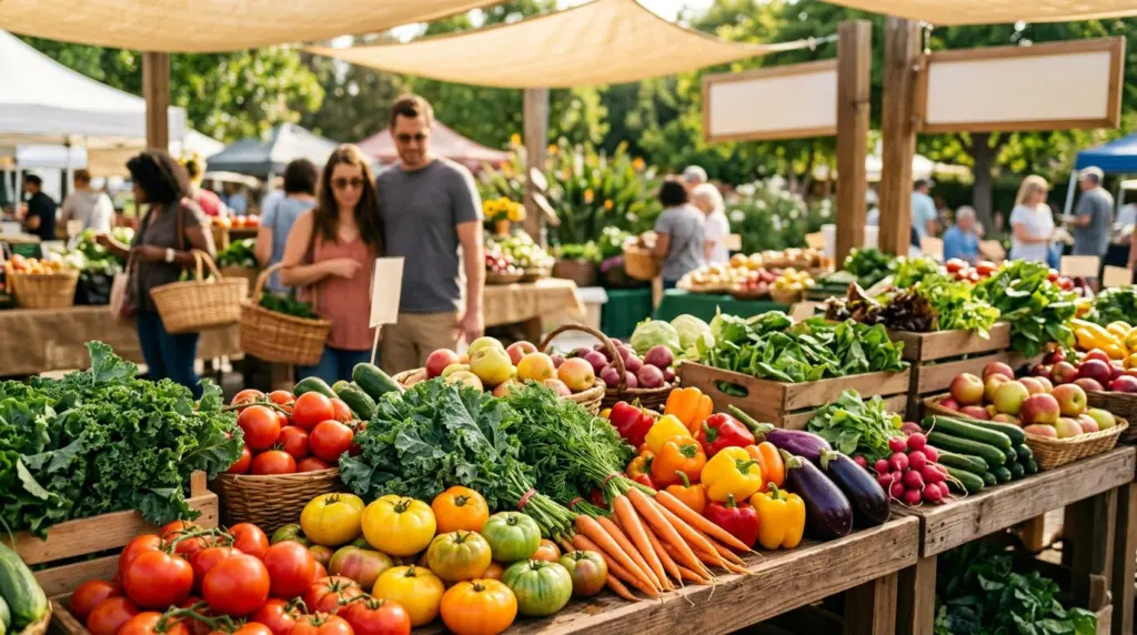A close-up of colorful produce displayed on tables at an outdoor farmers market, with natural light illuminating fresh fruits and vegetables.