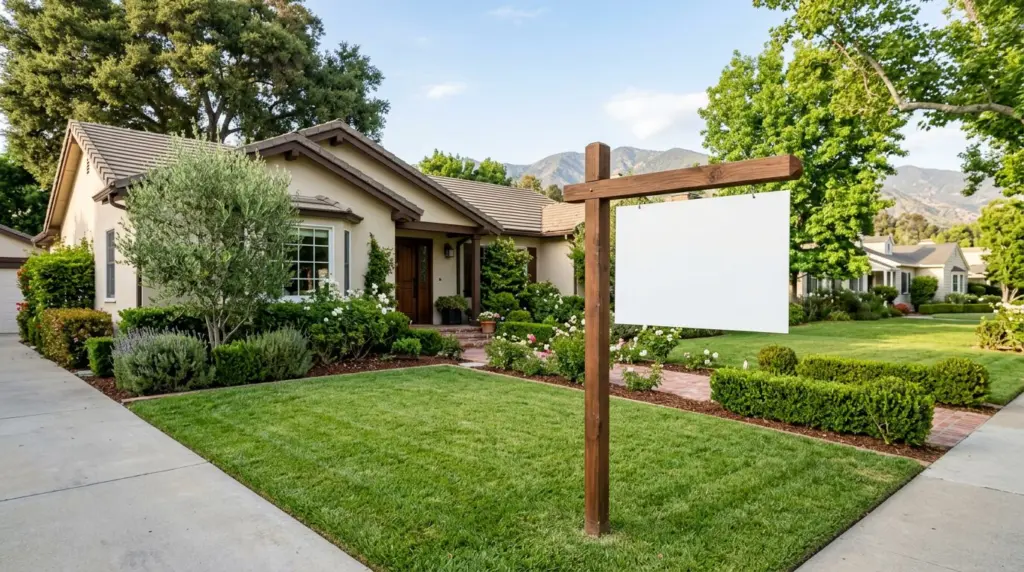 A close-up of a 'For Sale' sign standing clearly visible in front of a well-maintained Upland home, with a neatly trimmed lawn and mature landscaping.