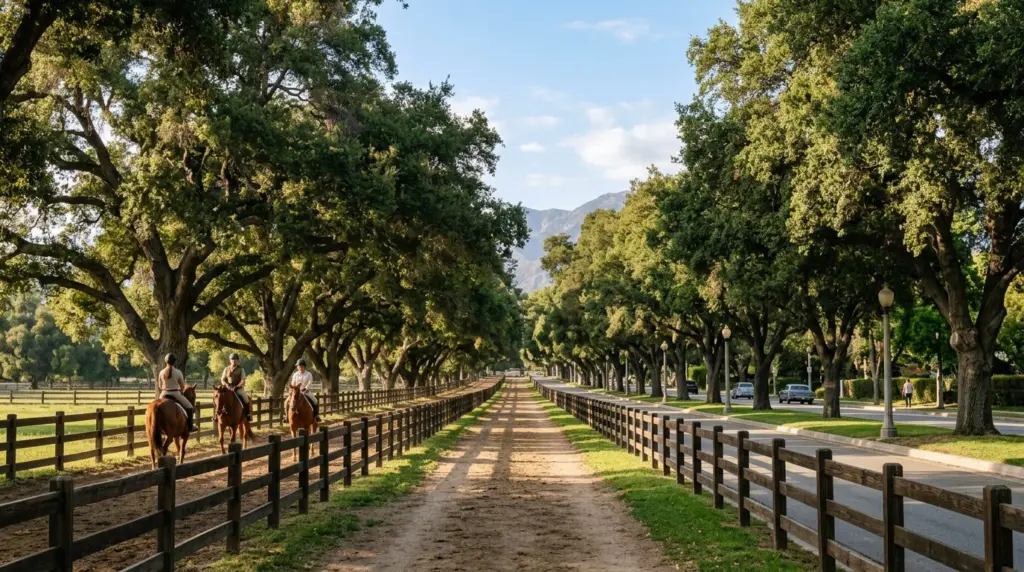 A wide shot of Euclid Avenue's iconic tree-lined bridle path, bathed in soft afternoon light, with equestrian fencing visible along the path.