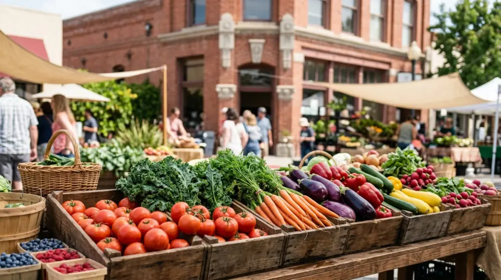 A close-up of colorful fresh produce neatly arranged at the Upland Downtown Farmers Market, with a vintage brick building facade blurred in the background.