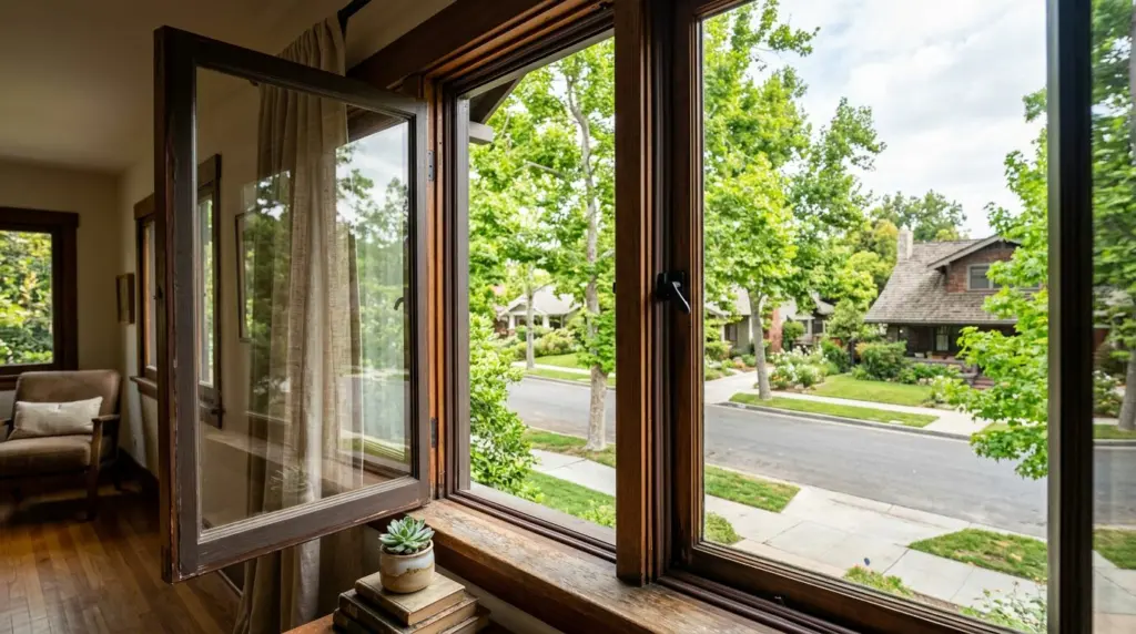 An open window with new weatherstripping visible, revealing a glimpse of a tree-lined street outside.