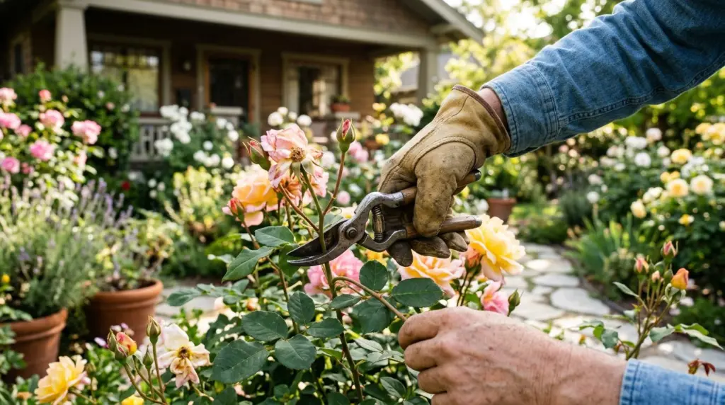 Close-up of a hand carefully pruning a rose bush in a front yard, with a vintage garden glove and shears visible.