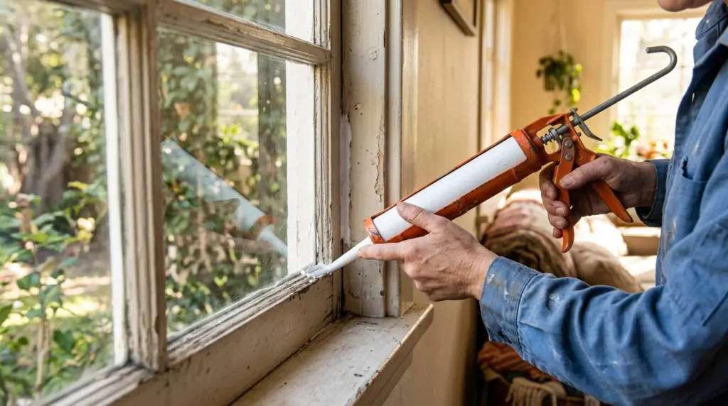 A close-up of a hand applying fresh caulk around an older window frame, showing careful attention to sealing gaps against the elements.