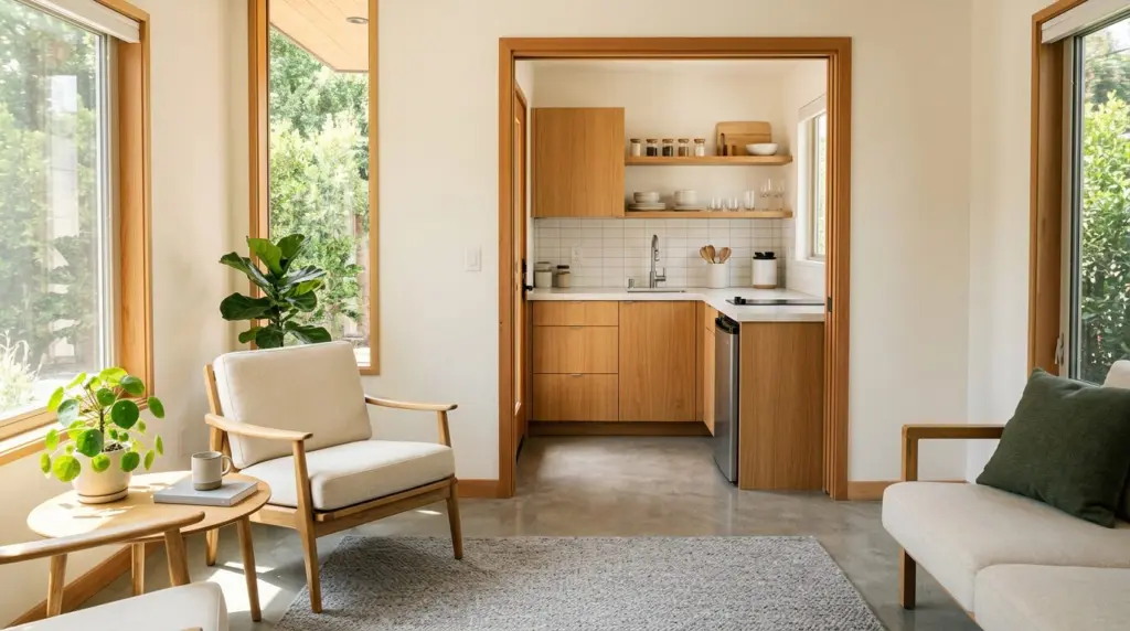 A modern, light-filled accessory dwelling unit (ADU) interior, with a compact kitchen visible through an open doorway, suggesting efficient use of space.