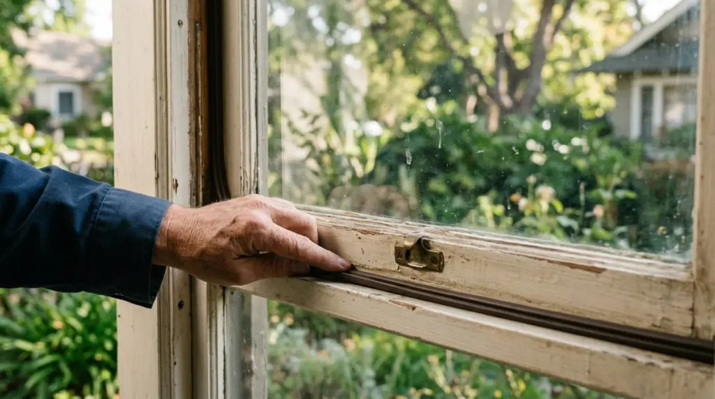 A close-up of a hand installing weatherstripping around a vintage wood-framed window, showing attention to detail on an older home.