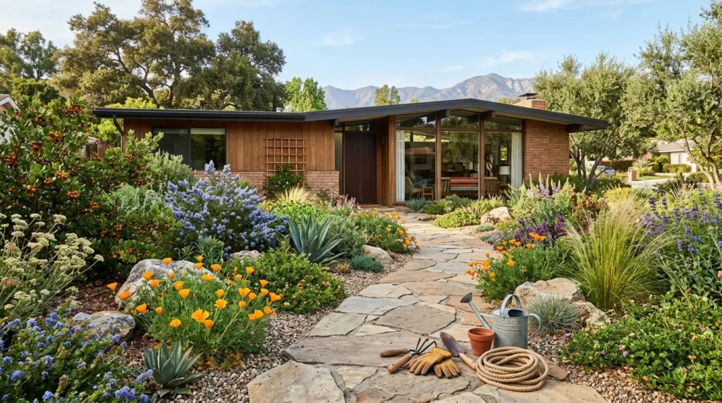 A flourishing drought-tolerant garden of California native plants in front of a mid-century modern home, with gardening tools resting on a nearby stone path.