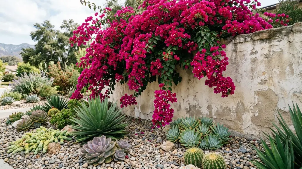A close-up shot of a drought-tolerant garden bed featuring native succulents and decorative gravel, with a vibrant bougainvillea spilling over a low wall.