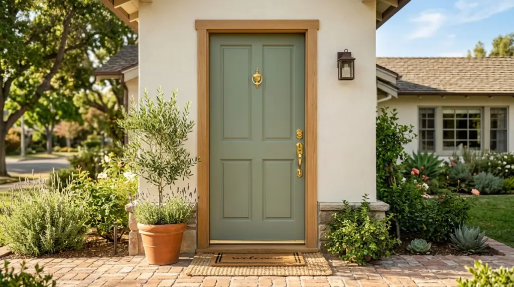 A freshly painted front door in a muted, inviting color, adorned with new, polished hardware reflecting the afternoon sun.