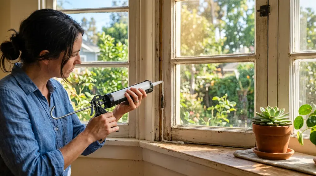 A detailed view of a hand applying caulk around an older window frame in a sunlit interior, with light glinting off the windowpane and a small plant on the sill.