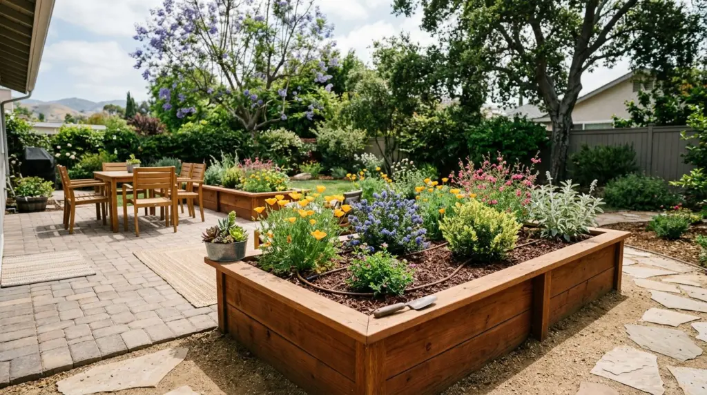 An outdoor scene showing a newly refreshed section of a backyard, with a clearly visible, well-defined raised garden bed filled with native California plants and a clean, organized patio space.