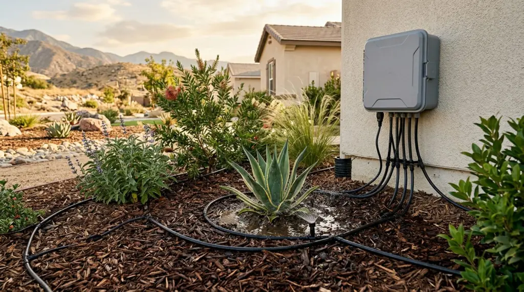 A close-up of a newly installed smart irrigation controller and drip lines watering desert-adapted plants in a front yard, illuminated by the warm afternoon sun.