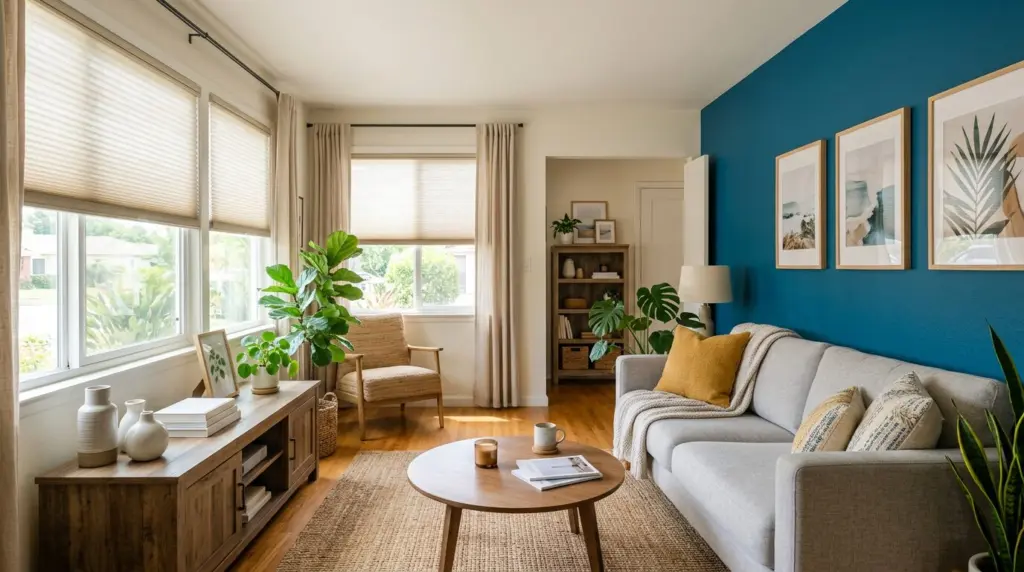 An interior shot of a bright, organized living room featuring energy-efficient window treatments and a freshly painted accent wall, showcasing natural light filtering through.