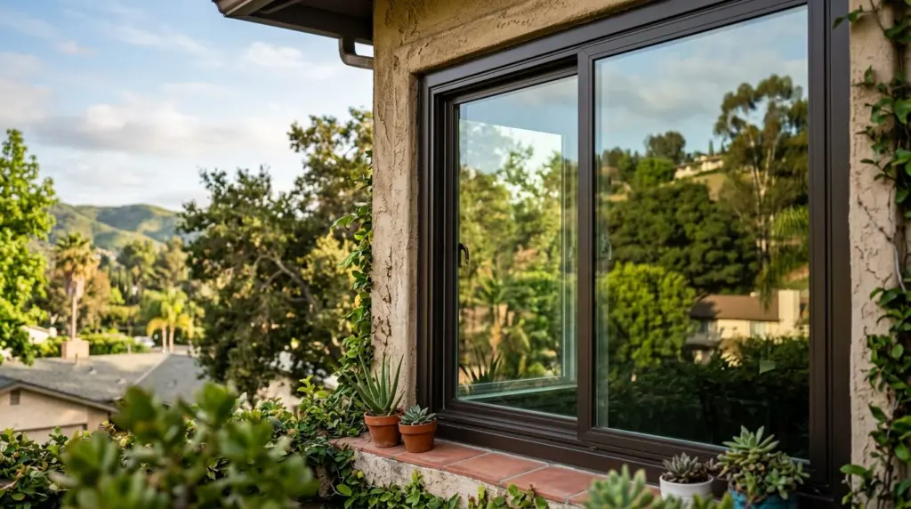 A close-up of a modern, energy-efficient window on an older Diamond Bar home, showing reflections of the surrounding landscape.