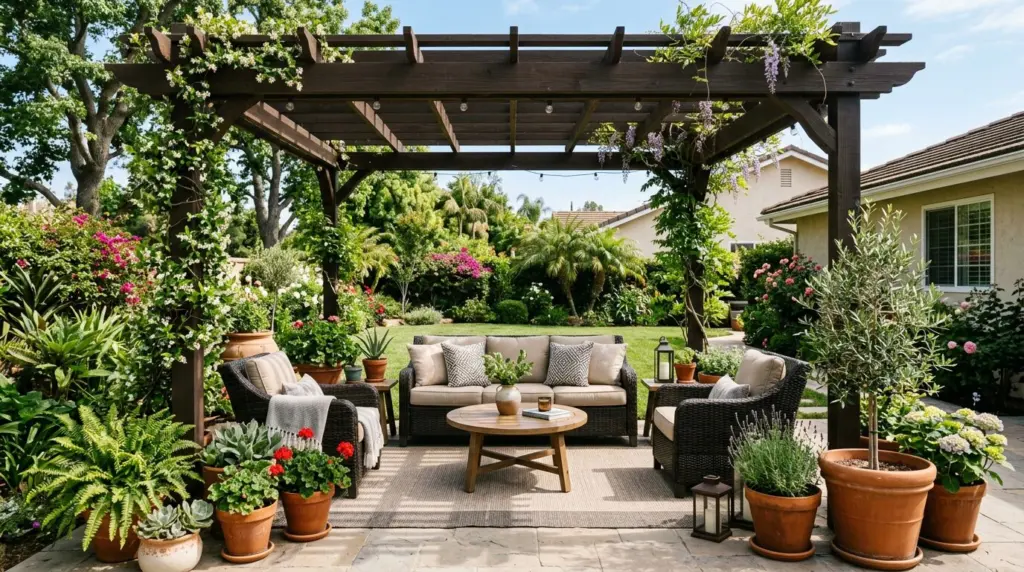 A neatly organized patio space in a Diamond Bar backyard, featuring a shaded pergola and potted plants, ready for outdoor enjoyment.