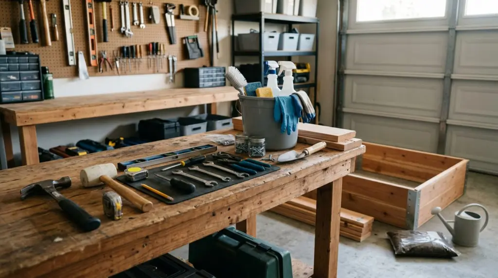 A neatly organized garage workbench with various hand tools, a bucket of cleaning supplies, and a partially assembled raised garden bed kit, ready for a weekend project.