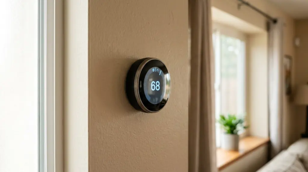 Close-up of a new smart thermostat displaying a cool temperature setting, mounted on an interior wall with subtle light filtering in from a nearby window.