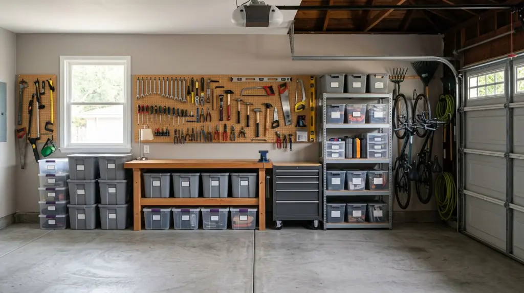 A neatly organized garage space in a Walnut home, with tools hung on pegboards, labeled storage bins, and a freshly swept concrete floor, implying efficient use of space.