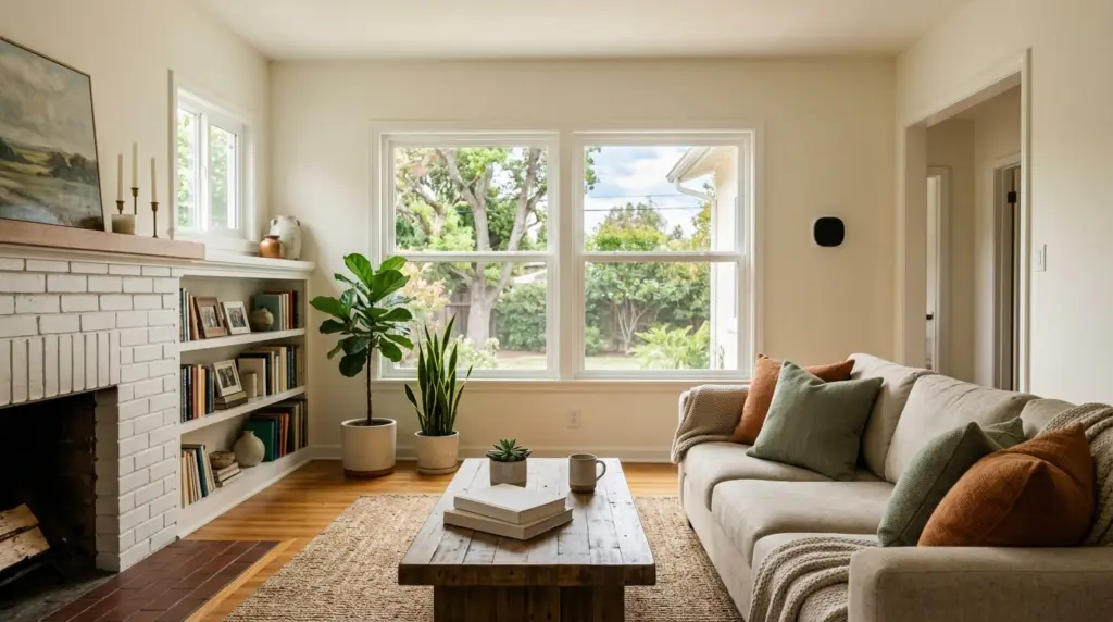 The interior of a living room in an older Walnut home, featuring light streaming through energy-efficient windows, a smart thermostat on the wall, and a cozy, organized feel.