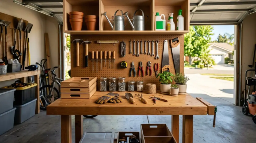 A neatly organized garage workbench with hand tools and gardening supplies, bathed in natural light from an open garage door, showcasing a tidy workspace.