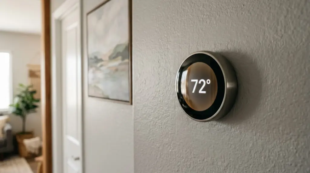 Close-up of a new, energy-efficient smart thermostat displaying a digital temperature on a textured interior wall, with a subtle glow from the screen.