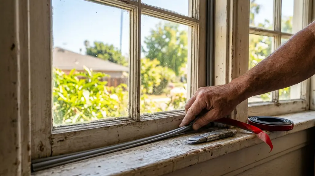A close-up of a hand applying new weatherstripping around an aged wooden window frame, with bright Southern California sunlight visible outside.