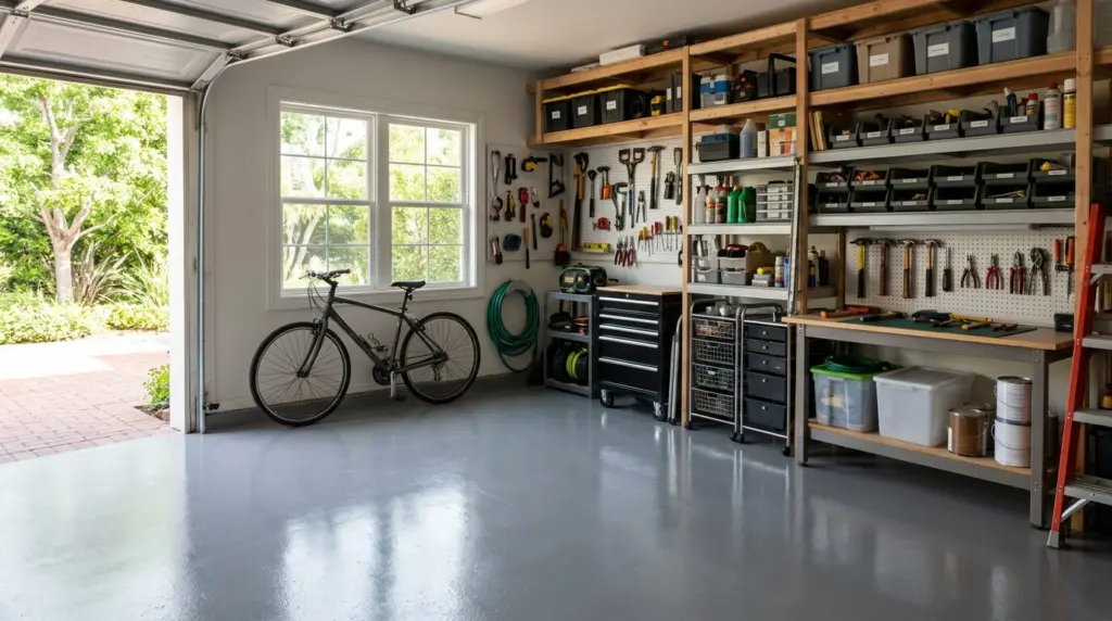 An organized garage interior with neatly stored tools and shelving, a bicycle leaning against a wall, and a newly painted concrete floor reflecting ambient light.