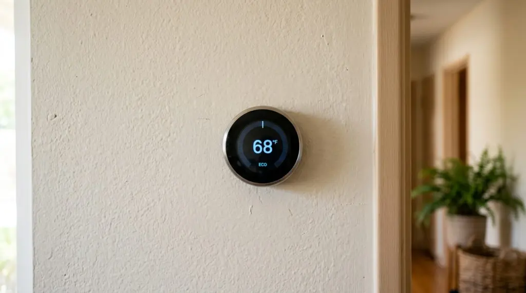 A close-up of a newly installed smart thermostat displaying an energy-saving temperature, positioned on a textured wall.