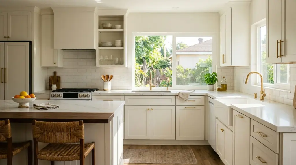 A bright, updated kitchen in a 1960s-era West Covina home, showcasing new countertops and cabinet hardware, with sunlight streaming through a window.