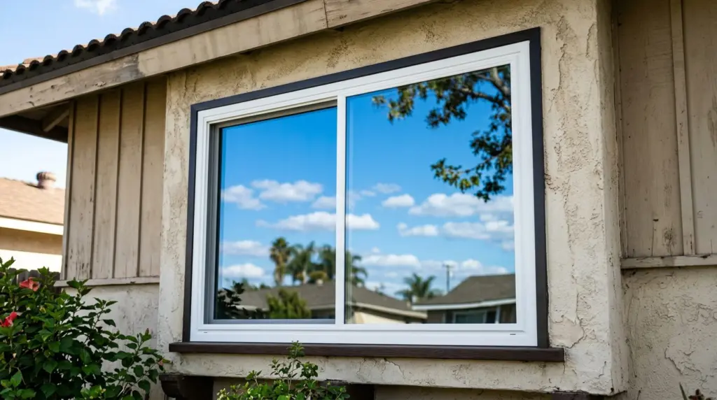 A close-up view of a modern, energy-efficient double-pane window installed in an older West Covina home, reflecting a clear blue sky.