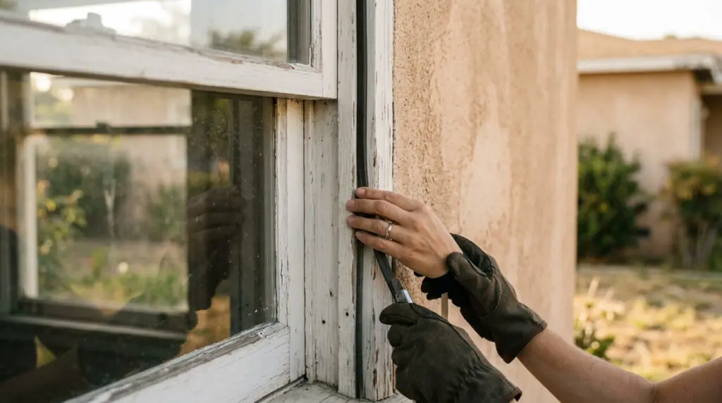A close-up of a hand carefully applying weatherstripping around an older wooden window frame, with stucco walls visible in the background.