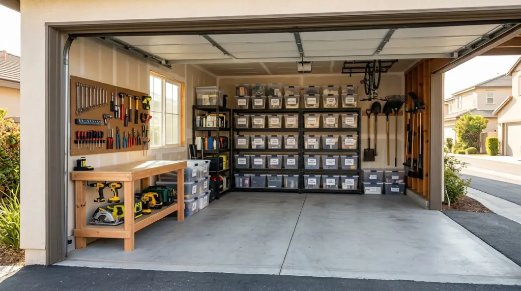 An open, organized garage with labeled storage bins and neatly arranged tools, suggesting recent decluttering and space optimization.
