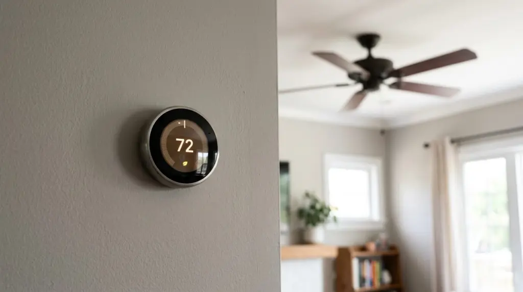 A close-up of a modern smart thermostat installed on a wall, displaying a comfortable indoor temperature, with a glimpse of a ceiling fan in the background.