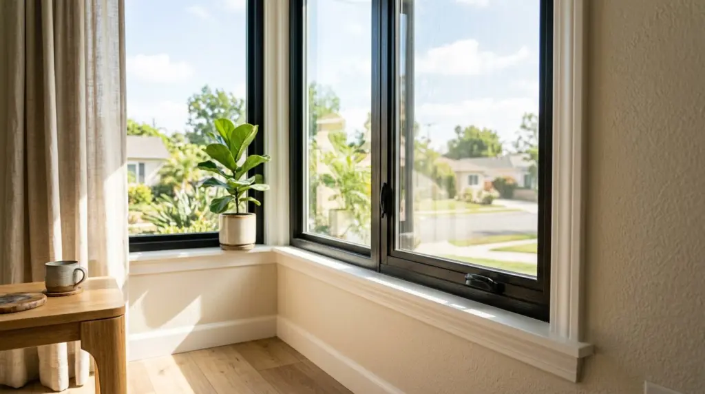 A detailed view of a newly installed, energy-efficient window with fresh weatherstripping, showing sunlight gently entering a room.