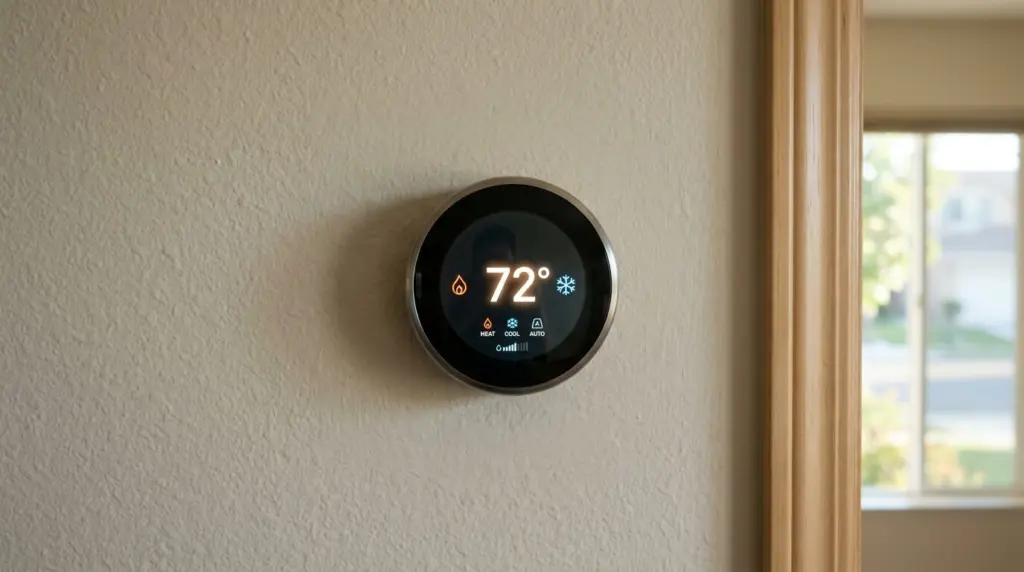 A close-up of a modern, energy-efficient smart thermostat mounted on an interior wall, displaying a comfortable indoor temperature.