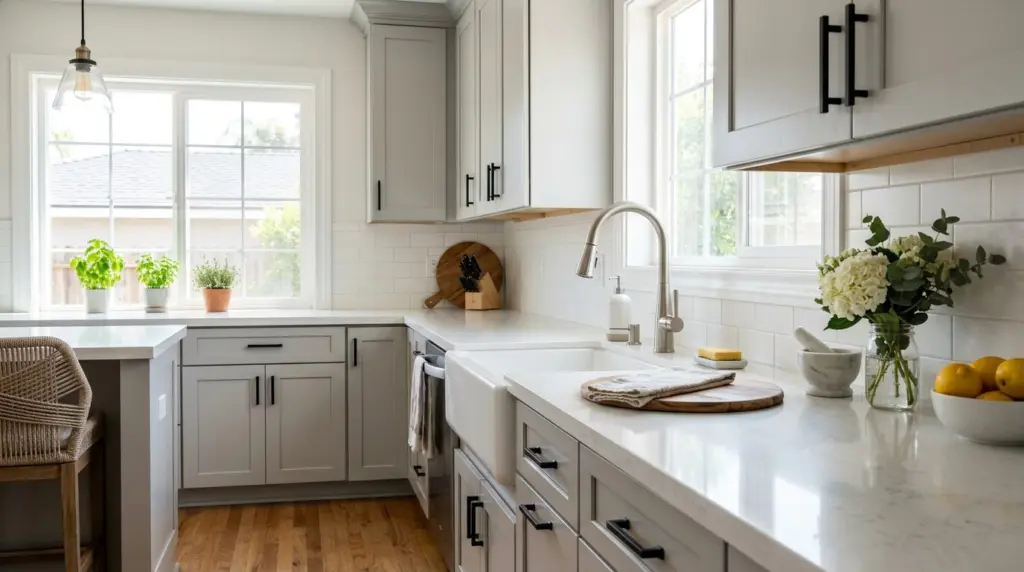 A freshly updated kitchen interior with new cabinet hardware, a clean countertop, and a modern faucet reflecting natural light from a nearby window.